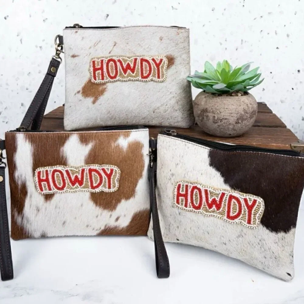 Cowgirl Western Howdy Cowhide Wristlet Boho Clutch New
